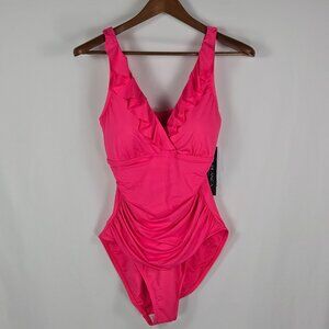 La Blanca Hot Pink One Piece Swimsuit 12 Ruffle V-Neck Ruched NWT